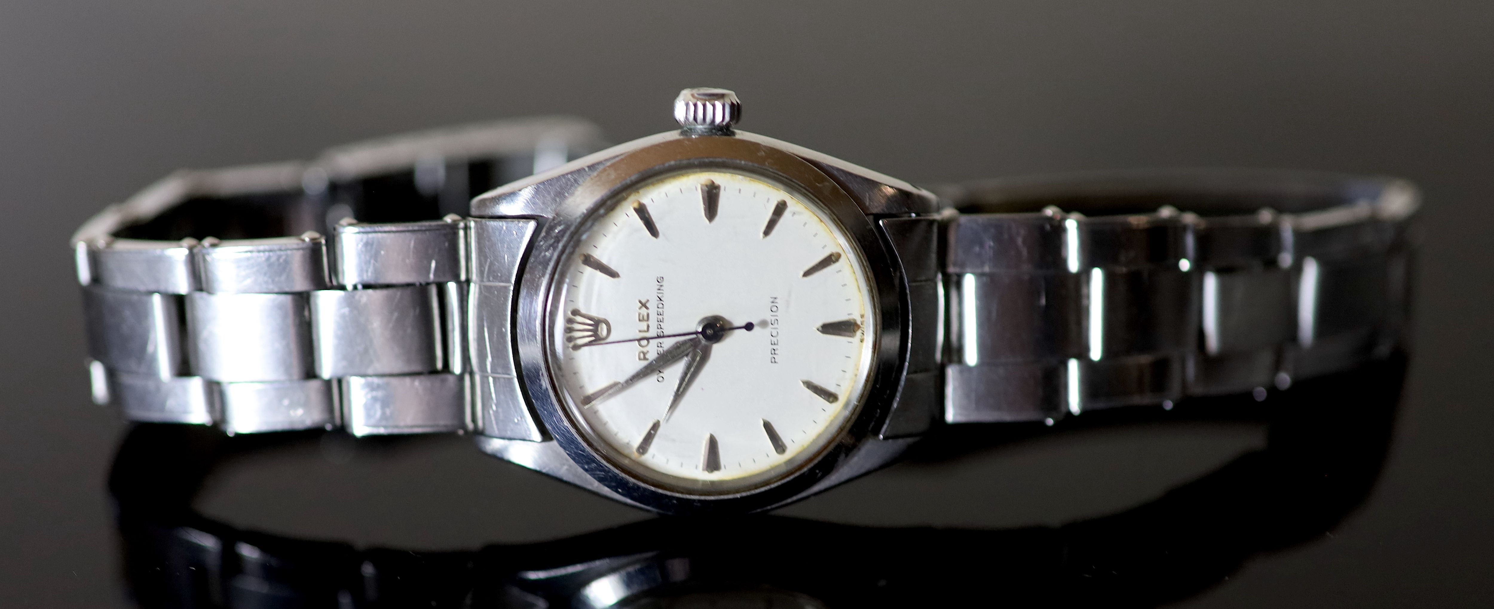 A gentlemans 1960s stainless steel mid size Rolex Oyster Speedking Precision manual wind wrist watch,